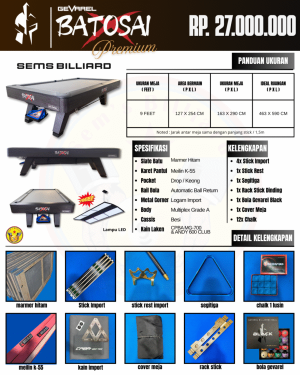Meja Billiard Gevarel Batosai 9 ft - Gambar 6